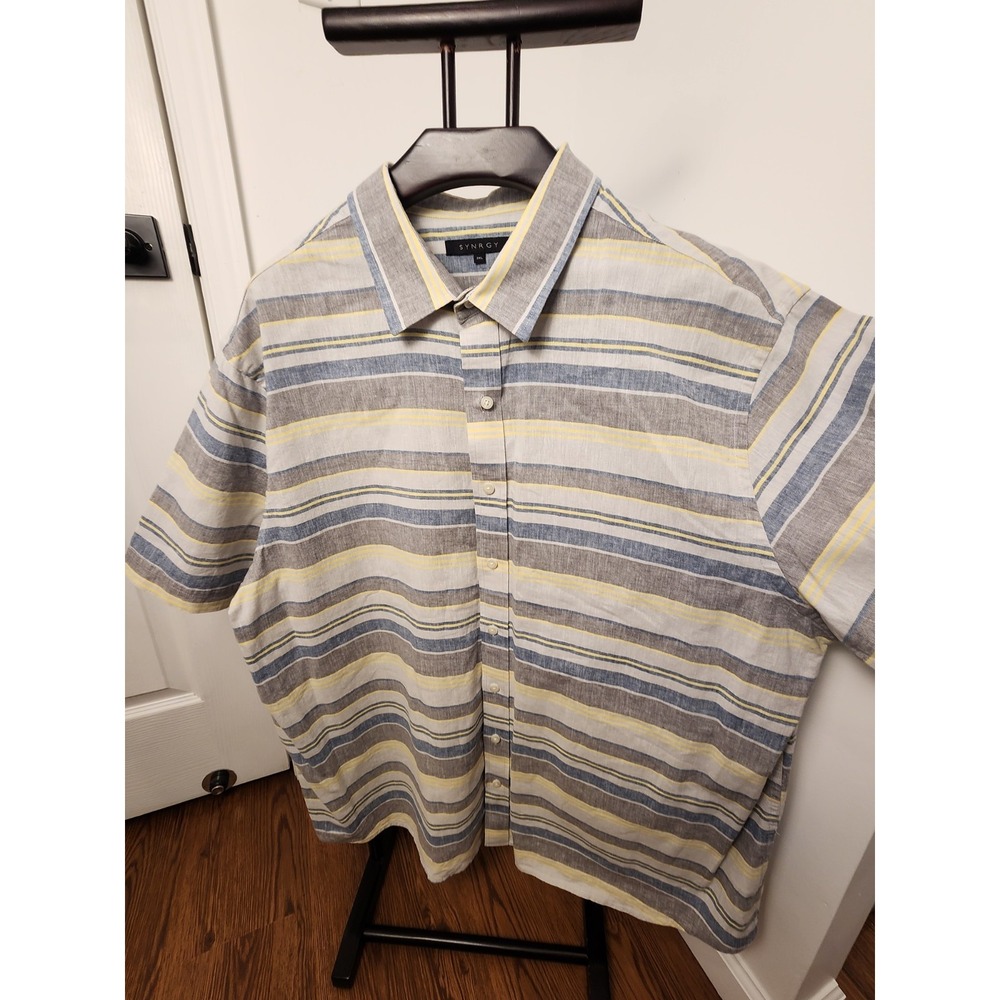 SYNRGY Mens 2XL Linen Blend Short Sleeve Button Down Striped Shirt Blue Yellow
